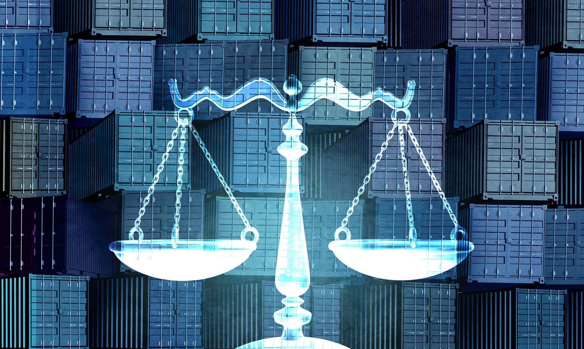 Scales of justice over shipping containers background.